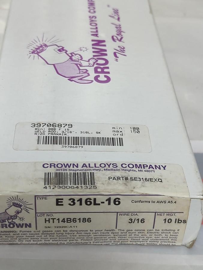 CROWN ALLOYS,SE316/EXQ,WELDING RODS 3/16 INCH 10 LB BOX NOS