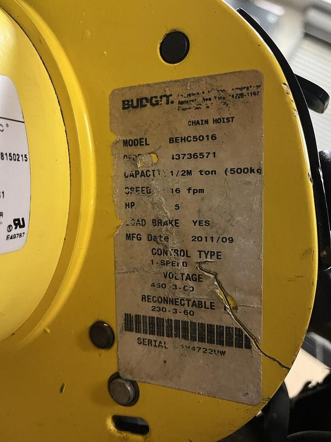 Used BUDGIT,BEHC5016,1/2 M TON ELECTRIC HOIST 16FPM 460V 3PH 10FT CHAIN