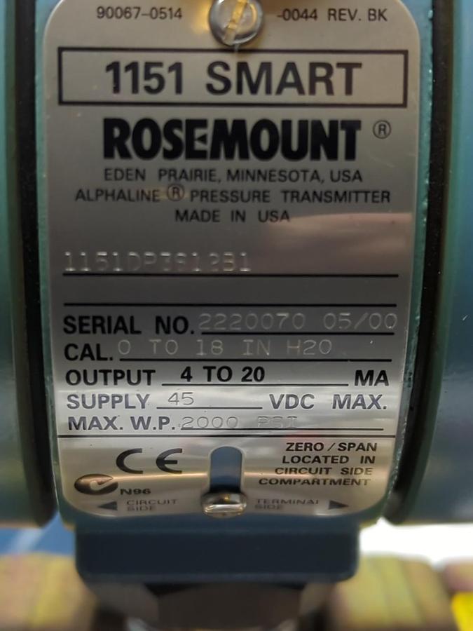 ROSEMOUNT,1151DP3S12B1,PRESSURE TRANSMITTER 2000PSI 4-20MA 0 TO 10 IN H20 NOS