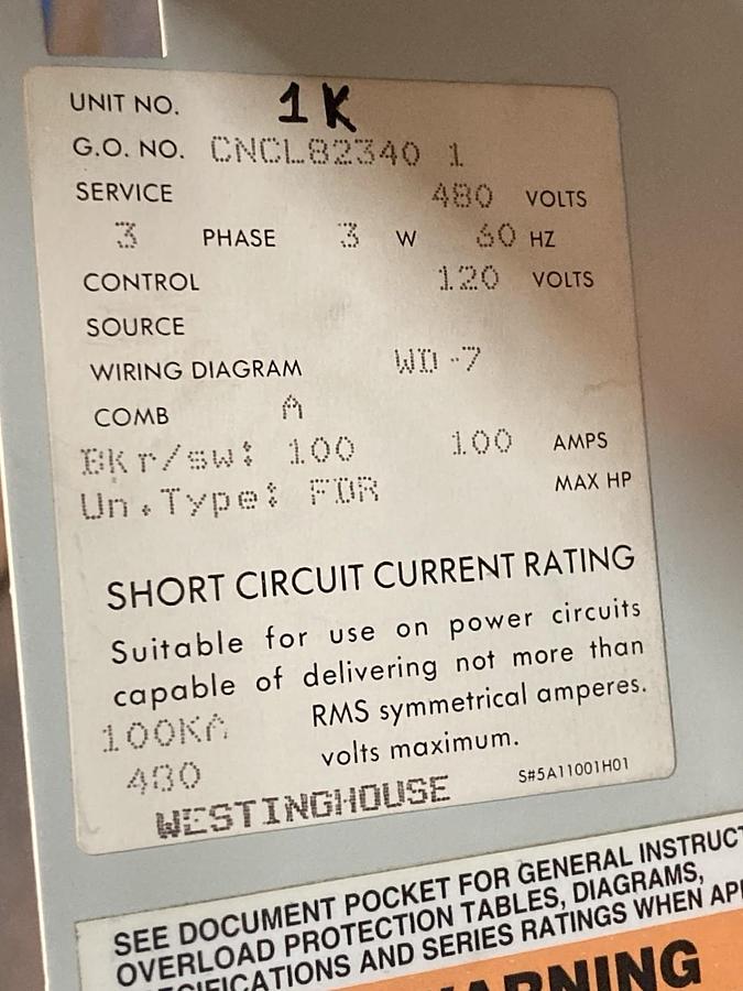 Used Cutler Hammer,100 Amps,18 INCH MCC Disconnect Feeder Bucket 480V 60Hz