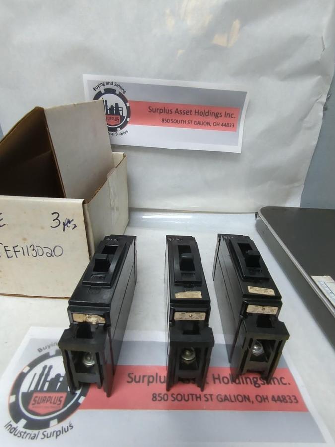 Used GENERAL ELECTRIC,TEF113020,CIRCUIT BREAKER 1-POLE 20 AMP LOT OF 3 PRE-OWNED