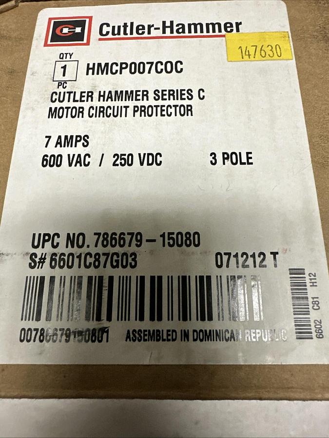 Used Cutler-Hammer,HMCP007COC,Circuit Breaker 7Amp 600VAC 250VDC 3 Pole