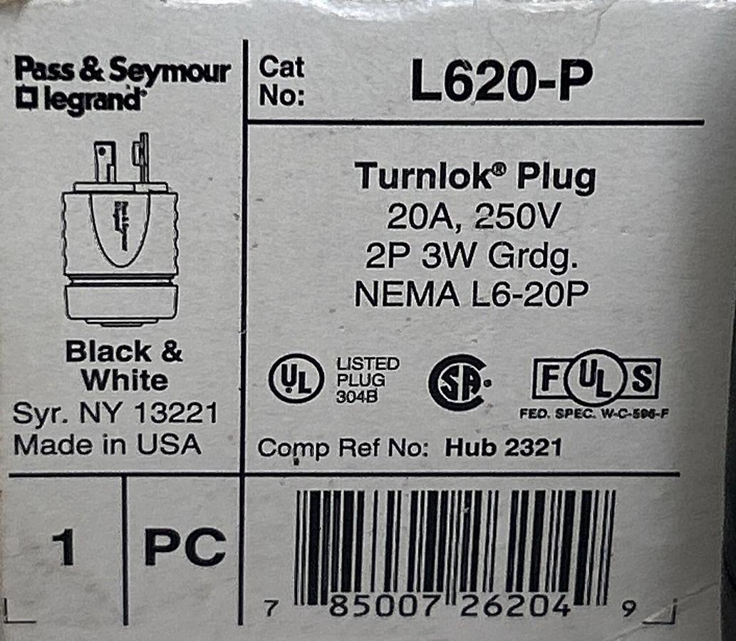 Used PASS & SEYMOUR,L620-P,TURNLOK PLUG 20A 250V NEW