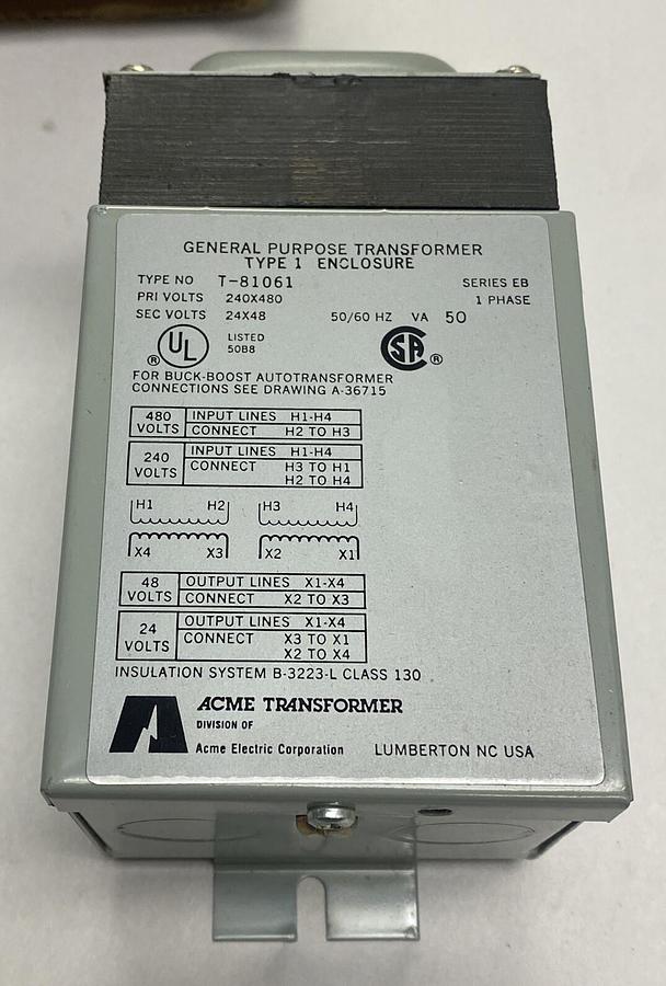 ACME ELECTRIC,T-81061,TRANSFORMER 1PHASE 240X480 24X48X 50VA NOS
