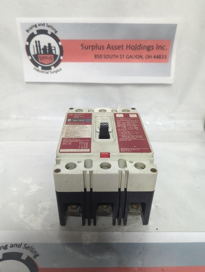 Used WESTINGHOUSE,FD3100K,CIRCUIT BREAKER 100 AMP 3-POLE PRE-OWNED