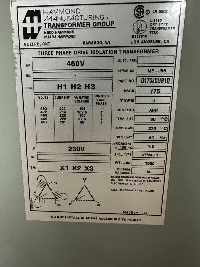 Used Hammond,D175JCUB1D,Transformer 175KVA HV-460V LV-230V 3PH
