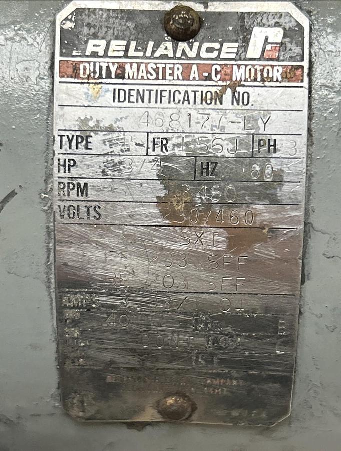 Used RELIANCE,468177-LY,AC MOTOR 3/4HP 3450RPM 460V 3PH L56J FRAME