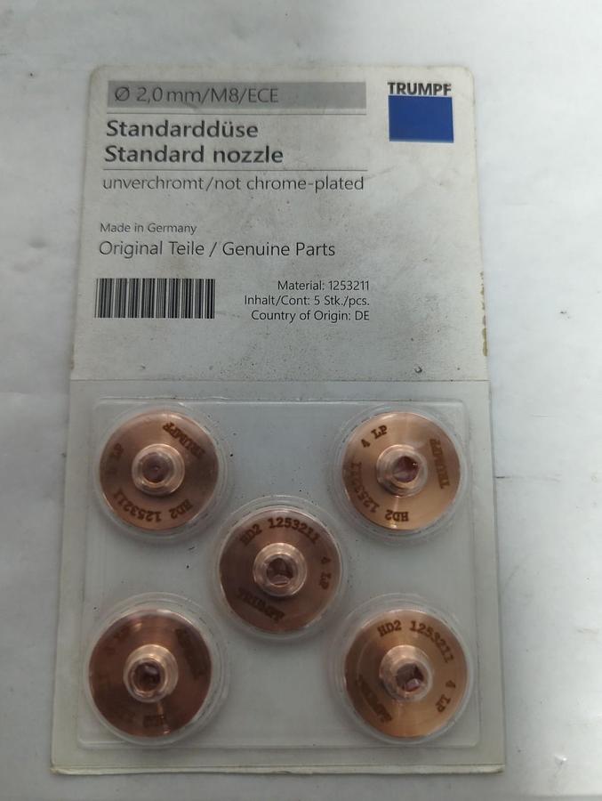 TRUMPF,1253211,CHROME PLATED LASER MACHINE NOZZLE 2.0MM/M8/ECE PACK OF 5 NOS