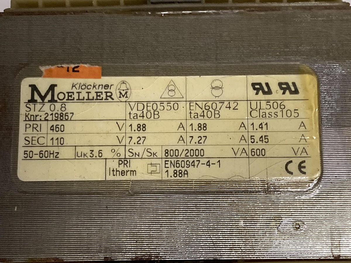 Used Moeller,Stz 0.8,Transformer 460V Pri 110V Sec 50-60 HZ