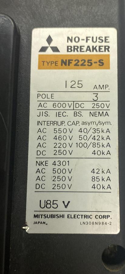 Used Mitsubishi,NF225-S,No-Fuse Circuit Breaker 125A 600V 3 Pole