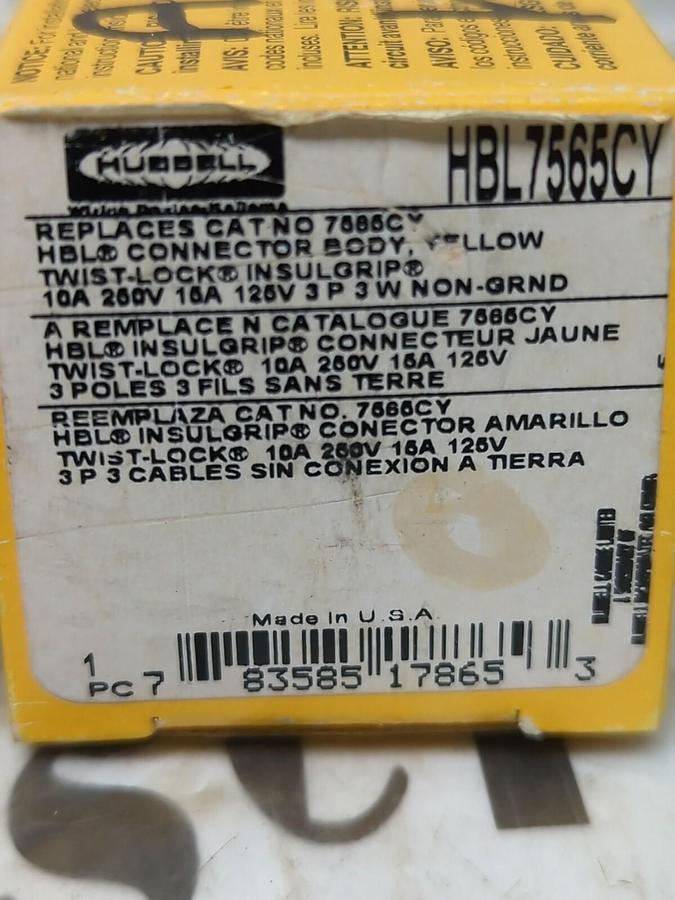 HUBBELL TWIST-LOCK,HBL7565CY,10A-260V-15A-125V W/NON GROUND PLUG CONNECTOR NOS