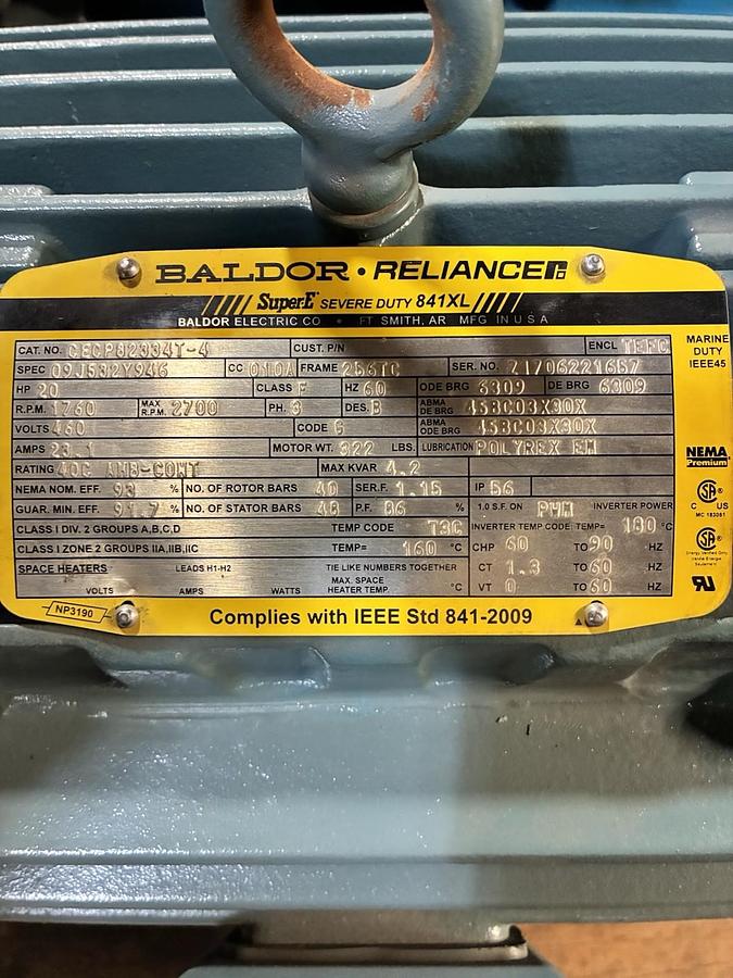 BALDOR,CECP82334T-4,SEVERE DUTY 841XL MOTOR 20HP 1760RPM 460V 3PH 256TC