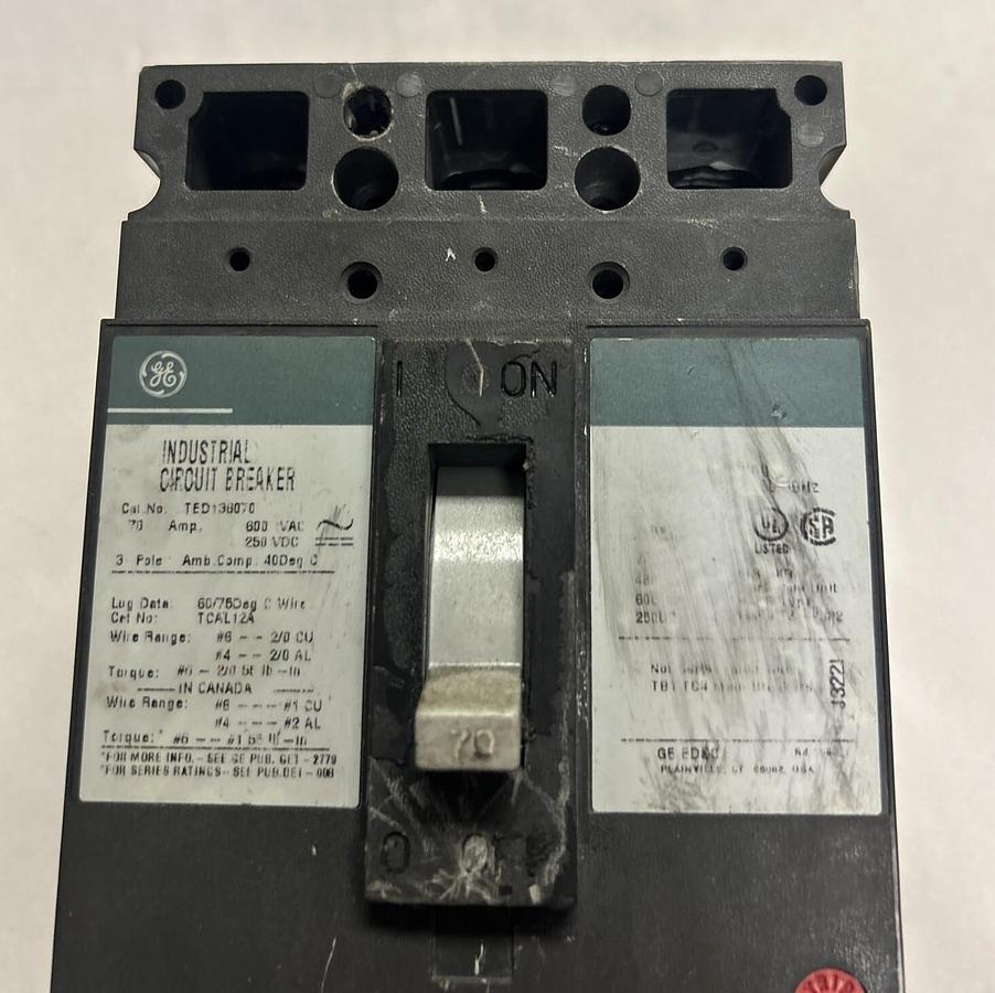 Used GENERAL ELECTRIC,TED136070,CIRCUIT BREAKER 70A 600V