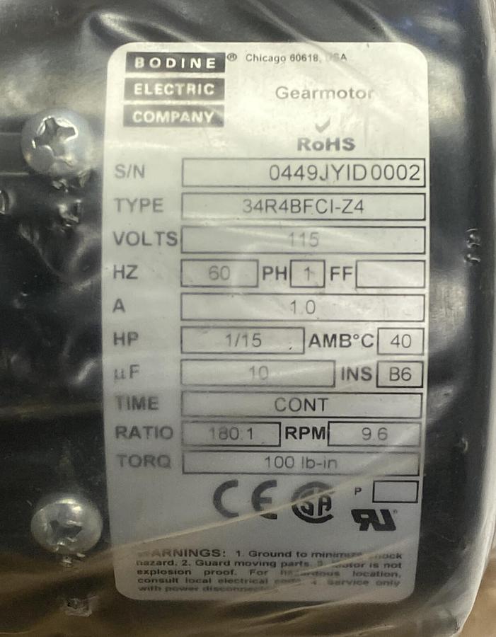 Used BODINE ELECTRIC,34R4BFCI-Z4,GEAR MOTOR 115V 60HZ 1A 1/15HP 9.6RPM NEW