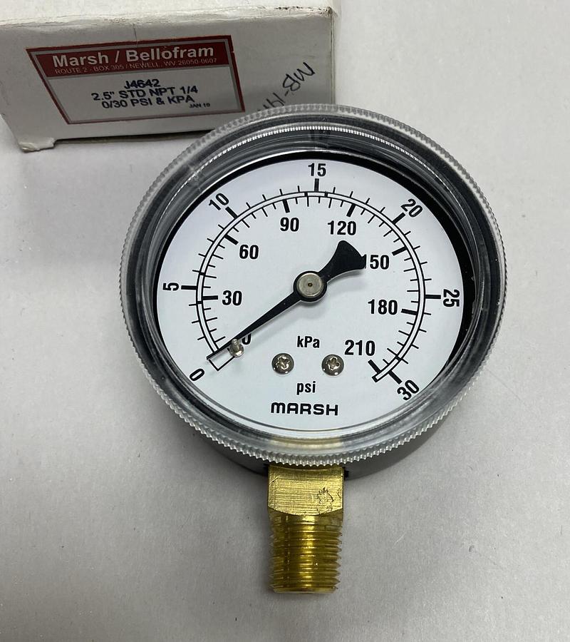 Marsh Bellofram,J4642,Pressure Gauge 2-1/2 INCH 1/4 0-30 PSI NOS