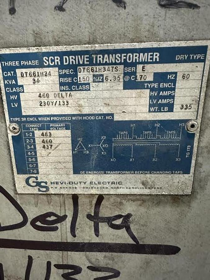 Used Hevi-Duty,DT661H34TS,34 KVA Transformer HV 460 Delta/ LV 230Y/133V 3PH
