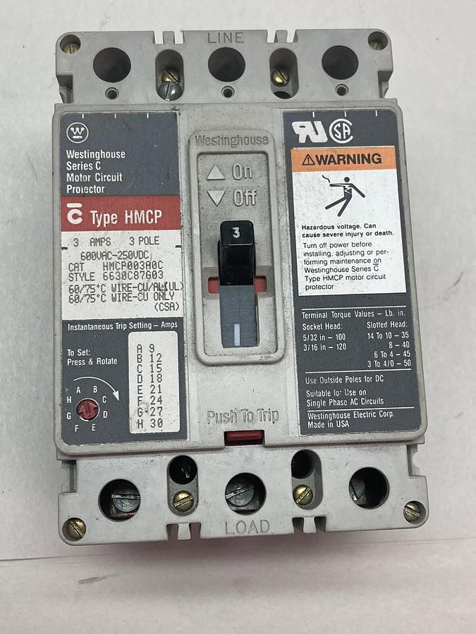 Used Westinghouse,HMCP003A0C,Westinghouse Ser C Motor Circuit Protector 3A 3-Pole