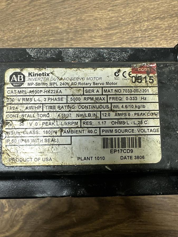Used Kinetix,MPL-A330PHK22AA,Brushless Servo Motor
