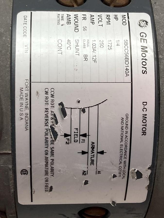 Used General Electric,5BCC56BD1O8B,DC Motor 1725RPM 1/4HP 250V 56 Frame