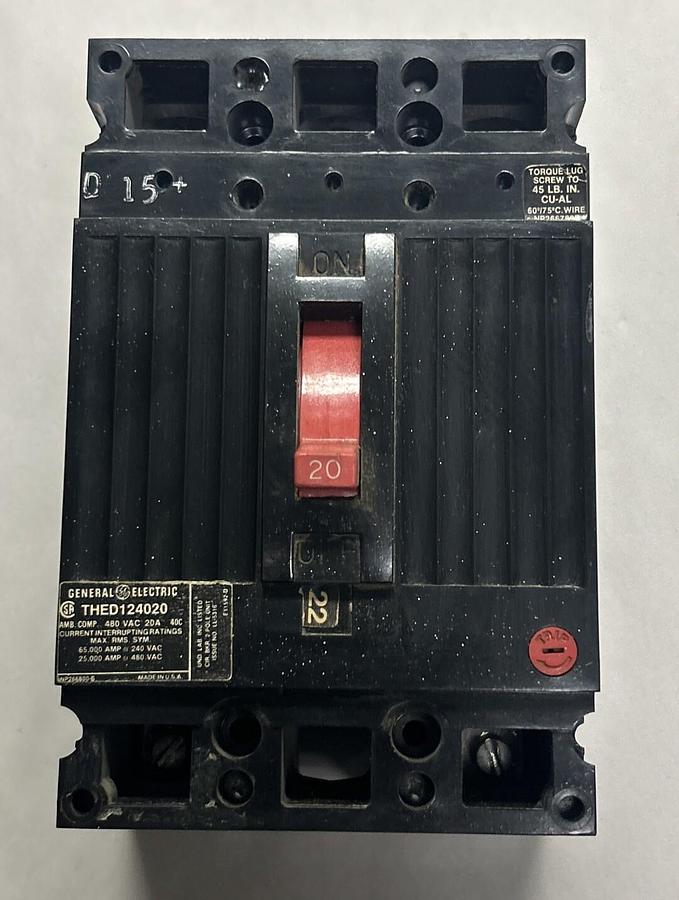 Used GENERAL ELECTRIC,THED124020,CIRCUIT BREAKER 20AMP 480V 2P