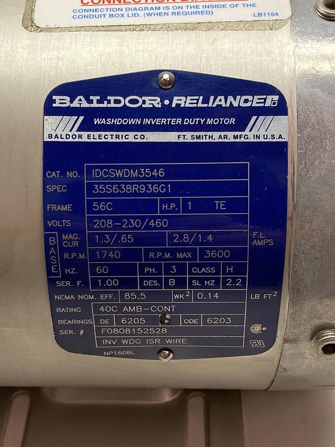 Baldor Reliance,IDCSWDM3546,1 HP Wash Down Inverter Duty Motor 3PH 208-230/460V