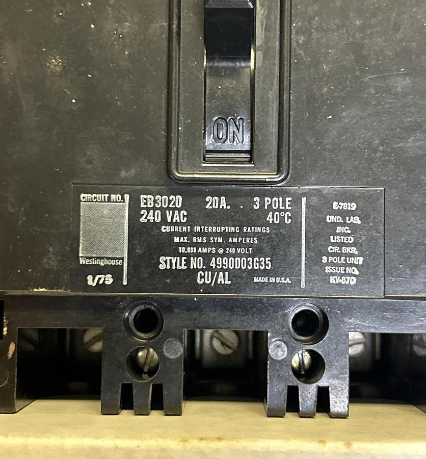 Used WESTINGHOUSE,EB3020,CIRCUIT BREAKER 20A 240V 3P