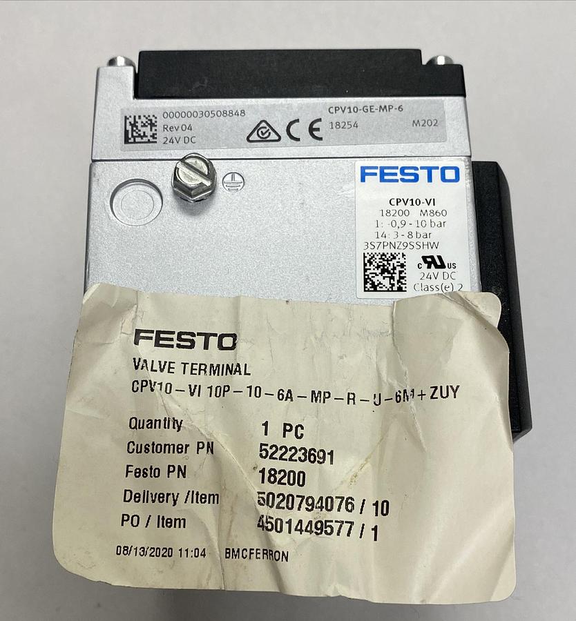 FESTO,CPV10-VI10P-10-GA-MP-R-U-6M+ZUY, MANIFOLD VALVE W/ TERMINALS NEW NO BOX