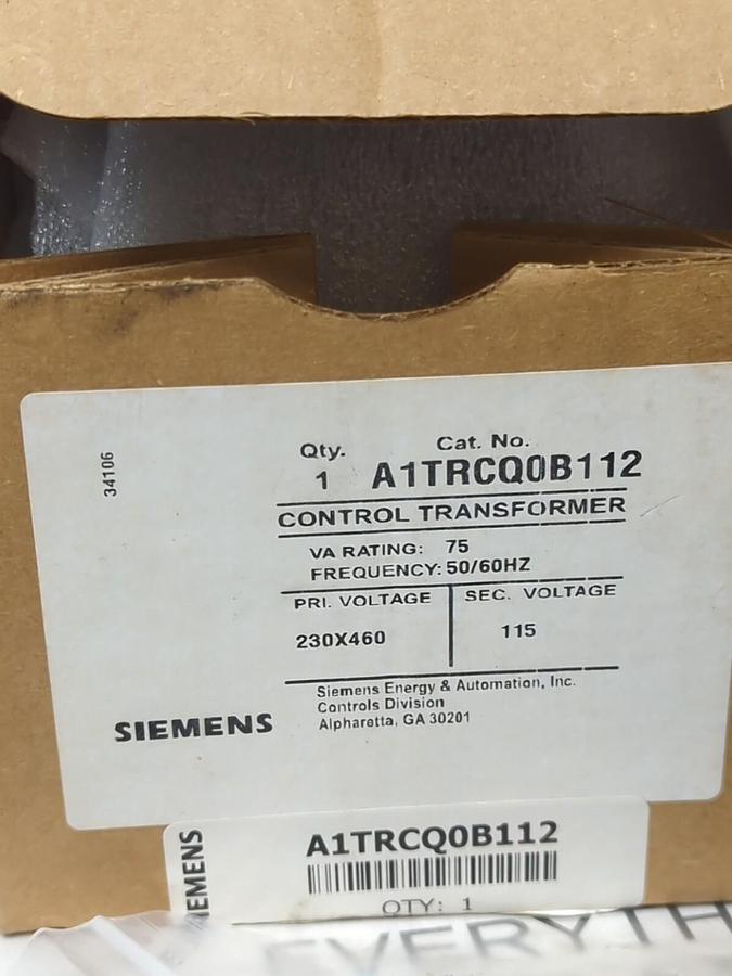 SIEMENS,A1TRCQ0B112,INDUSTRIAL CONTROL TRANSFORMER PRI-230X460V SEC-115V NEW