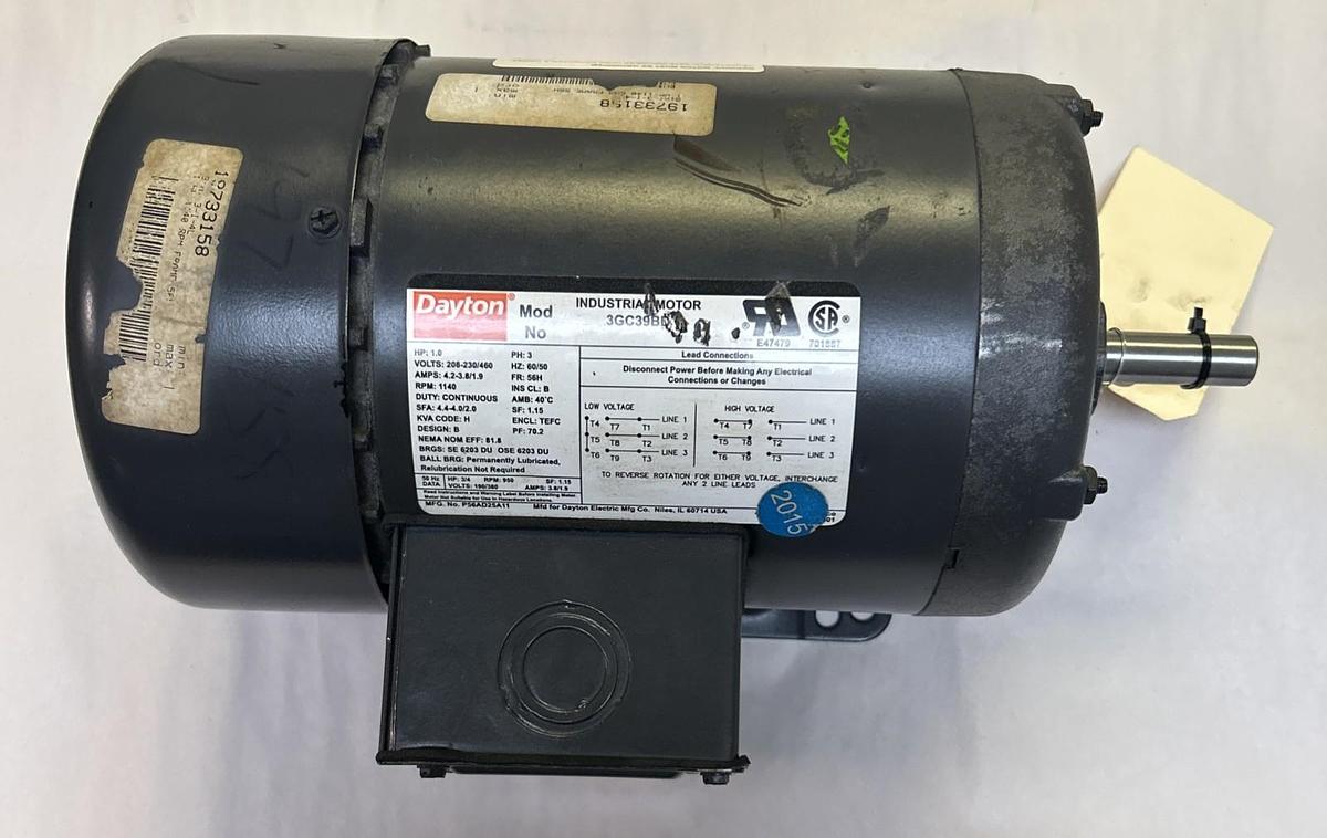 Used DAYTON,3GC39BD,INDUSTRIAL MOTOR 1HP 1140RPM 208-230/460V 3PH 56H FRAME