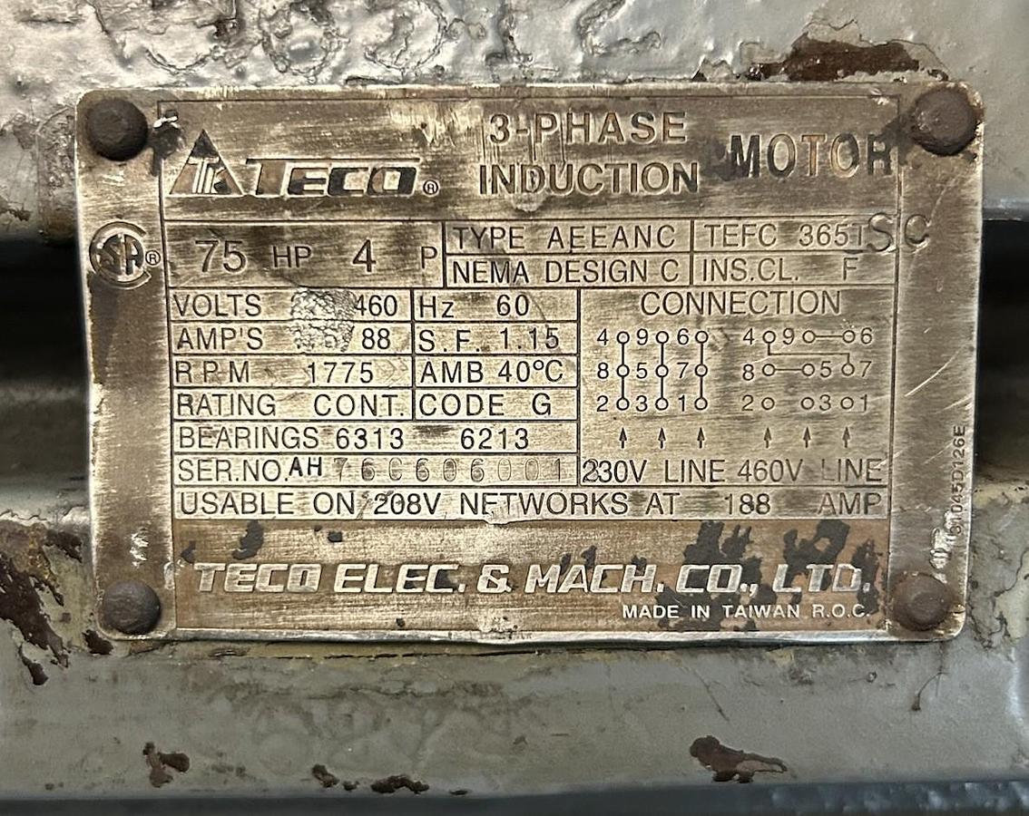Used TECO,AEEANC,INDUCTION MOTOR 75HP 1175RPM 460V 3PH 365TSC FRAME