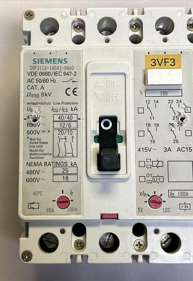 Used SIEMENS,3VF3112-1HS41-0AA0,CIRCUIT BREAKER 100A 600V 4P
