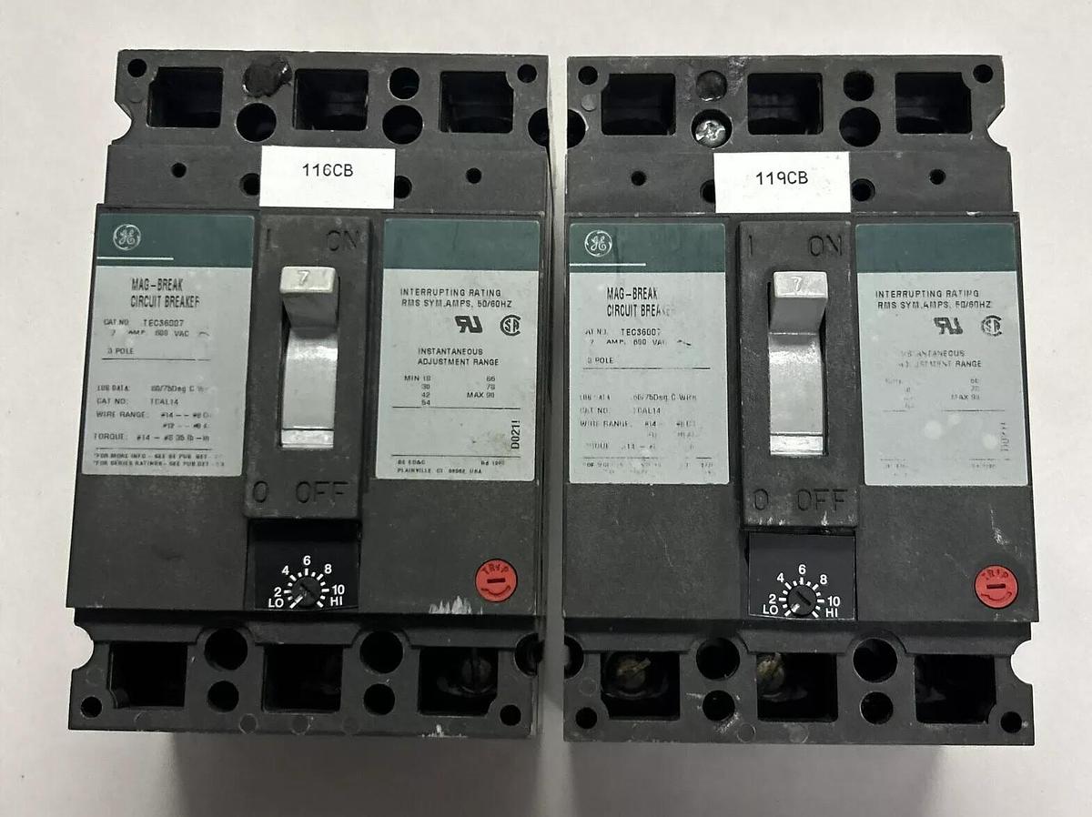 Used GENERAL ELECTRIC,TEC36007,CIRCUIT BREAKER 7A 600V LOT OF 2