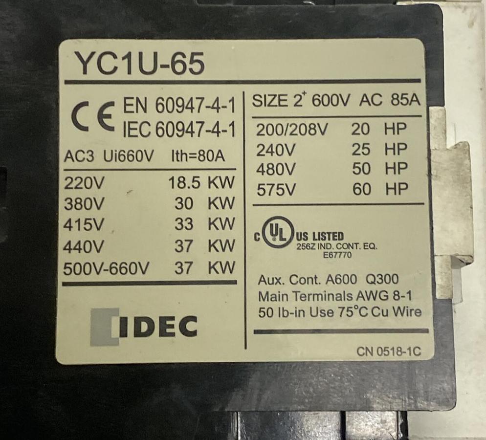 Used IDEC,YC1U-65,CONTACTOR SIZE 2 85A 600V