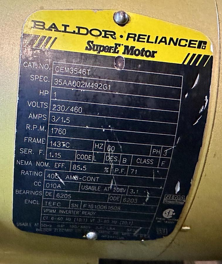 Used Baldor,CEM3546T,Motor 1HP 1760RPM 143TC 230/460 3PH