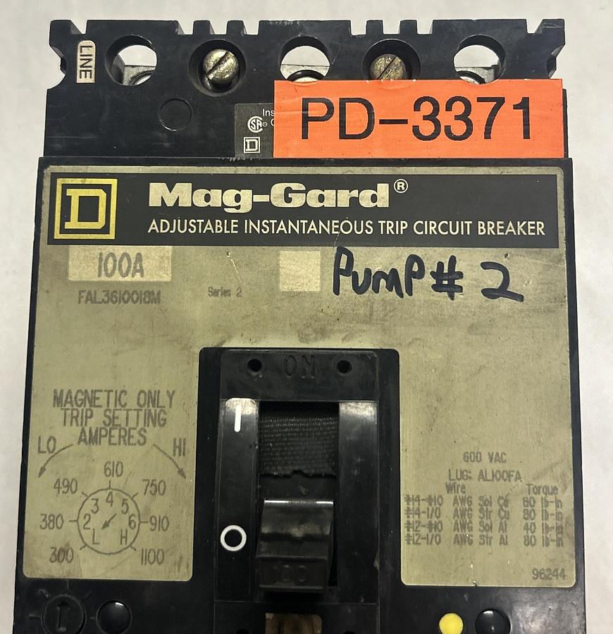 Used SQUARE D,FAL3610018M,CIRCUIT BREAKER 100A 600V 3P