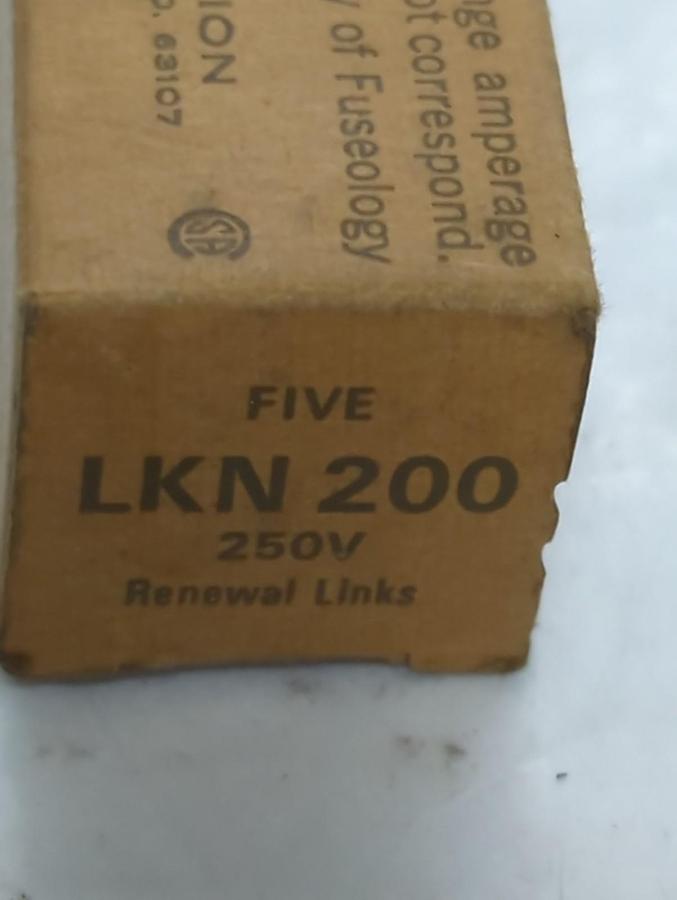BUSSMANN,LKN200,SUPER LAG RENEWAL LINKS250 VOLT 5 PIECE BOX NOS