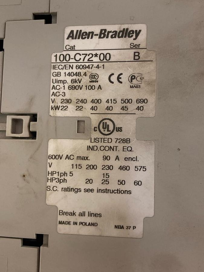 Used Allen-Bradley,100-C72*00,Contactor Ser B 600Vac 90A