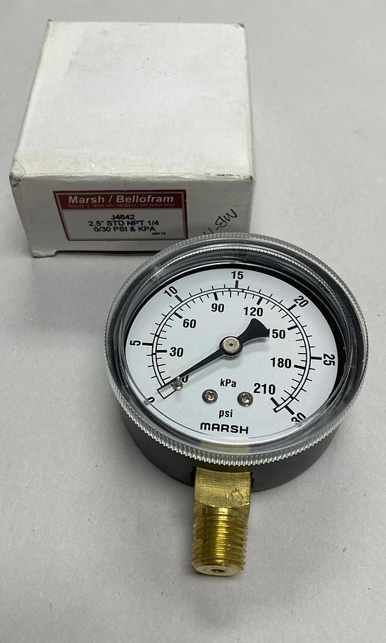 Marsh  Bellofram,J4642,Pressure Gauge 2-1/2 INCH 1/4 0-30 PSI NOS