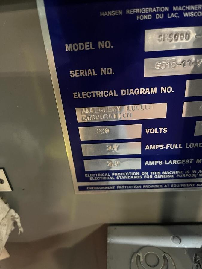 Used HANSEN REFRIGERATION,SM9000,CHILLER RFC-134A 230V 1PH 12.5A
