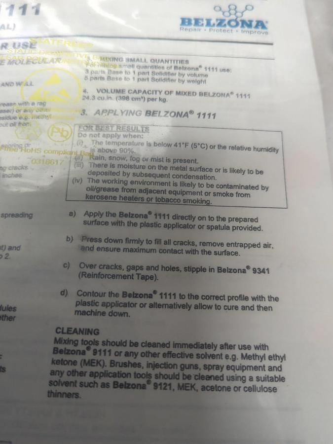 BELZONA,1111,SUPER METAL BASE & SOLIDIFIRE SET PACKAGE OF 2 SETS NOS