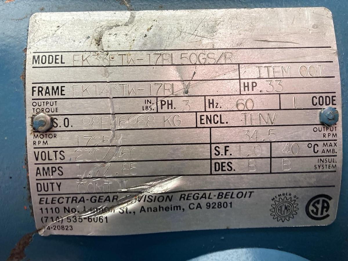 Used Unimount,EK33FTW-17PI-50GS/R,3-Phase Motor 0.33Hp 60Hz 1725RPM