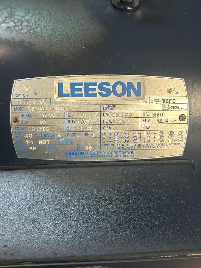 Used LEESON,140109.00,MOTOR 10HP 208-230/460V 1740RPM 3PH L215TC FRAME
