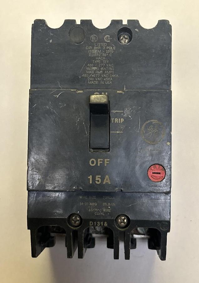Used GENERAL ELECTRIC,TEY315,CIRCUIT BREAKER 15A 277V 3P
