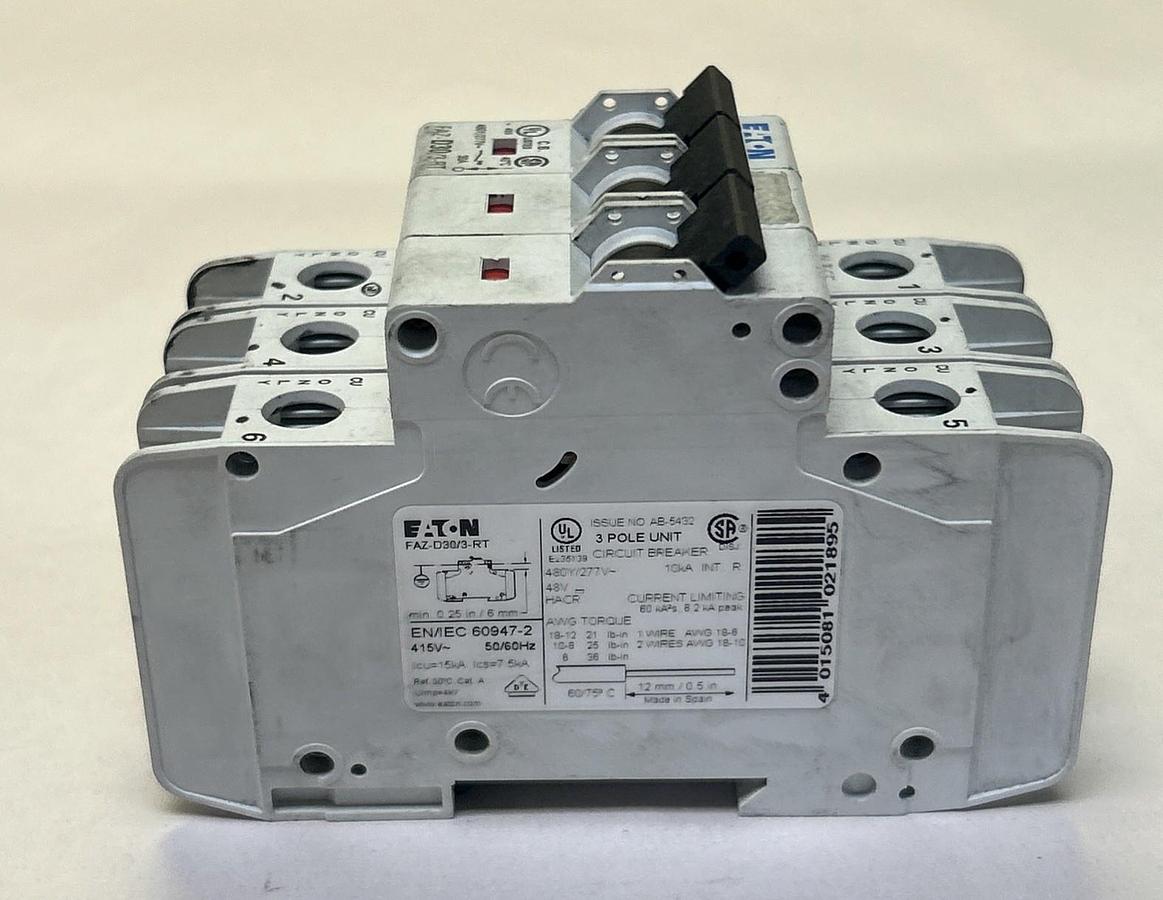 Used EATON,FAZ-D30/3-RT,CIRCUIT BREAKER 30A 480Y/277V 3POLE