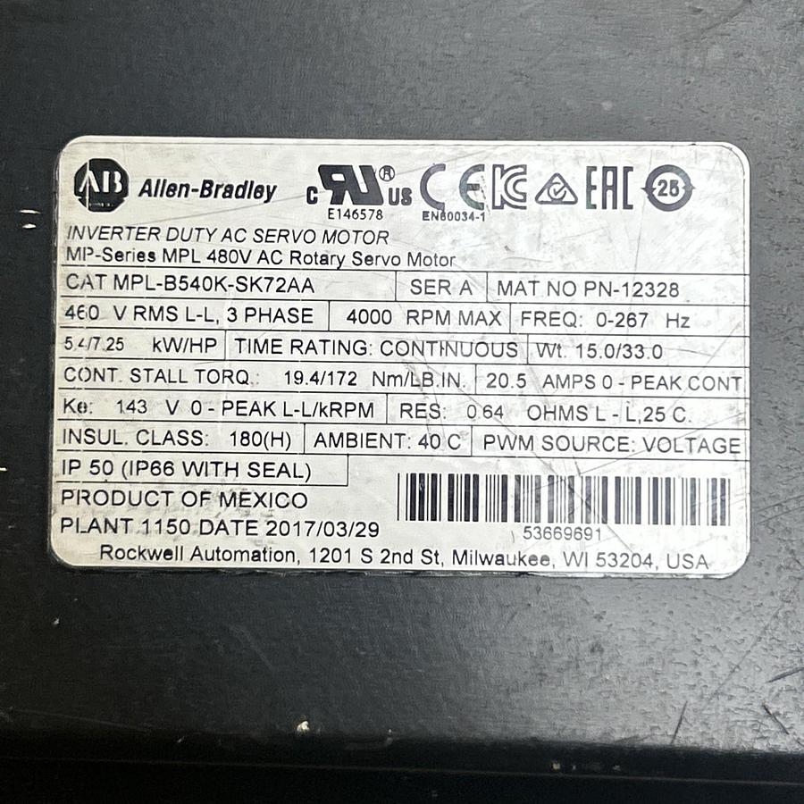 Used ALLEN BRADLEY,MPL-B540K-SK72AA,AC ROTARY SERVO MOTOR 4000RPM 480V