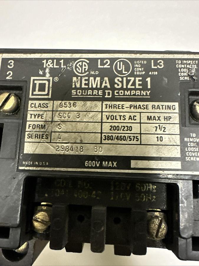 Used Square D,8536SC03,Nema Size 1 Magnetic Contactor