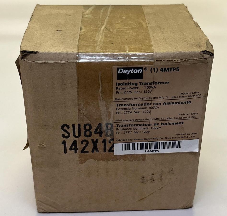 Used DAYTON,4MTP5,ISOLATING TRANSFORMER 100VA 277V PRI 120V SEC NEW