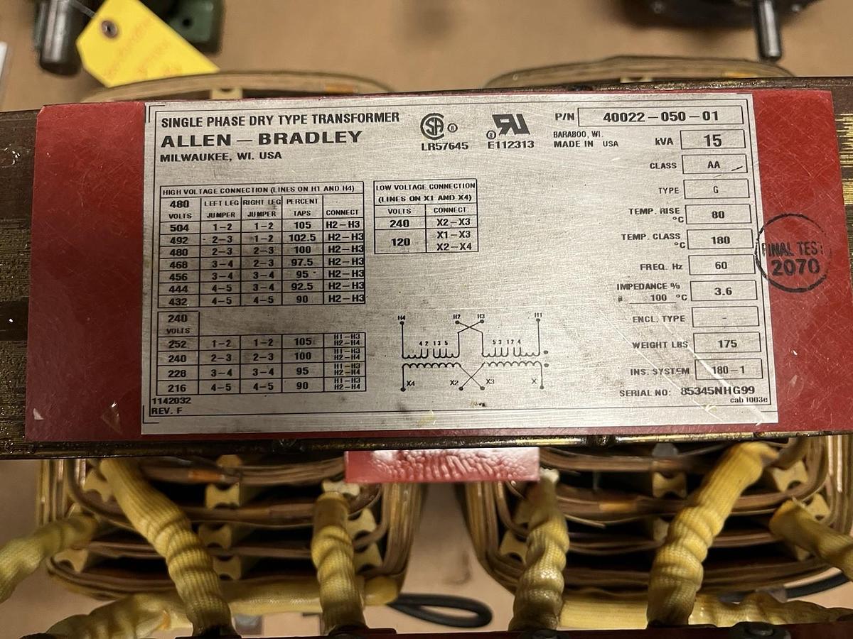 Used ALLEN BRADLEY,40022-050-01,DRY TYPE TRANSFORME 15KVA HV 480V LV 240V/120V 1PH