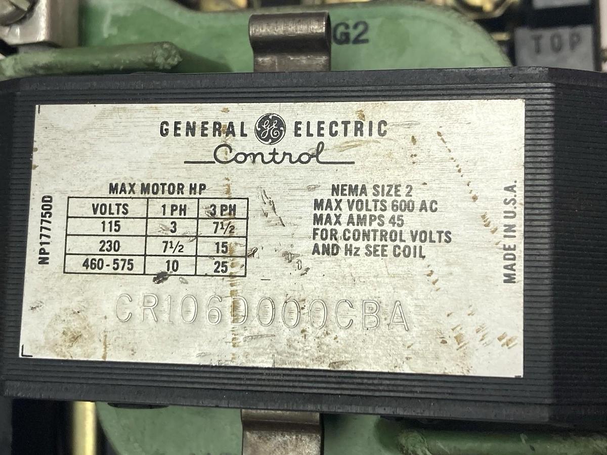 Used General Electric,CR1060000CBA,Nema Size 2 Starter Motor 45A