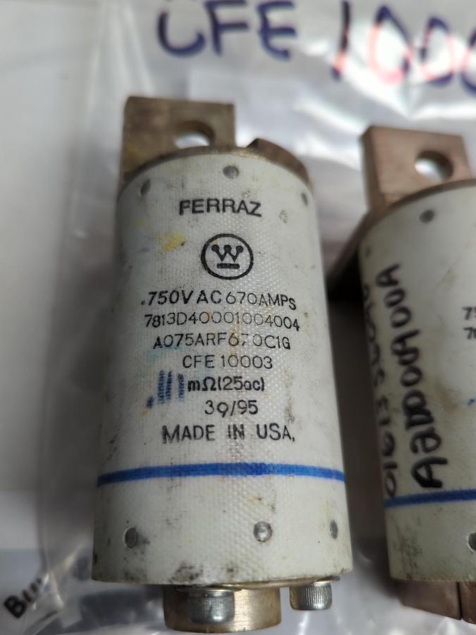 Used FERRAZ,A075ARF670C1G,PROTISTOR FUSE 670 AMP LOT OF 3 PRE-OWNED